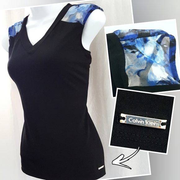 CALVIN KLEIN Sleeveless Floral Mesh Shoulder Top - Picture 1 of 9